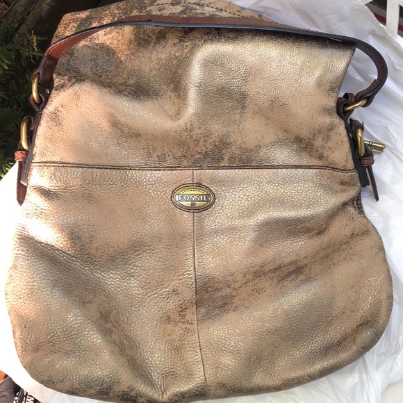 FOSSIL LEATHER LARGE BOHO SHOULDER BAG, distressed bronze, zippers - Picture 4 of 12